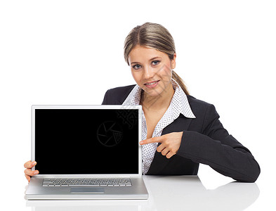 展示笔记本电脑屏幕的商业妇女背景图片