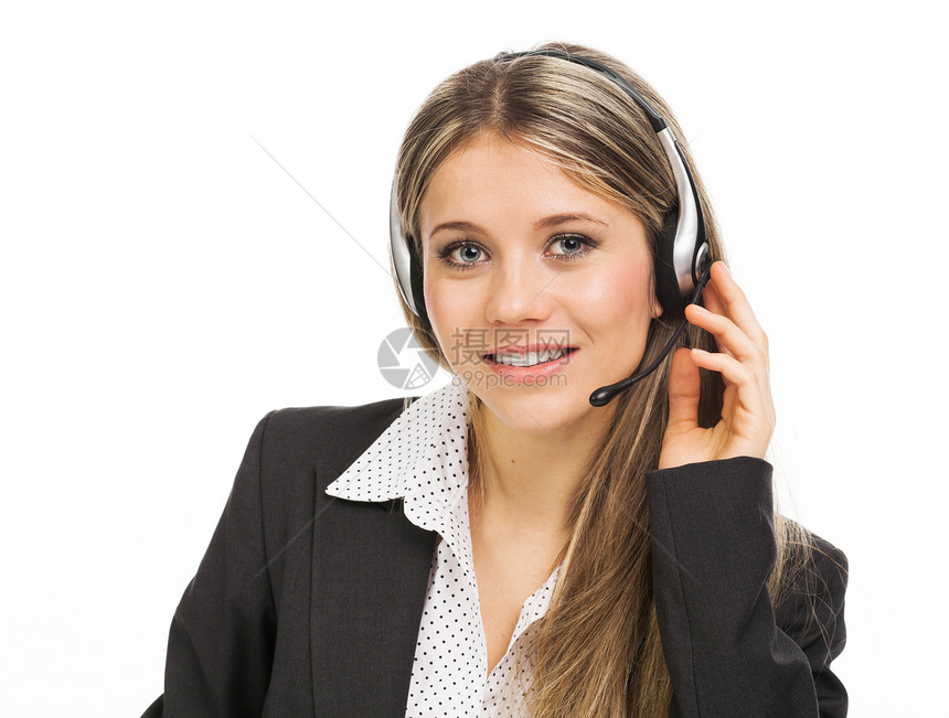 带耳机的漂亮女孩热线女性中心成人公司金发白色微笑工作室秘书图片