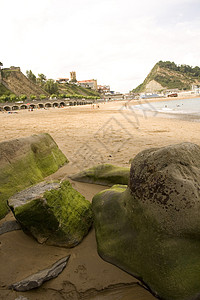 岩石上的摩斯悬崖海滩绿色背景图片