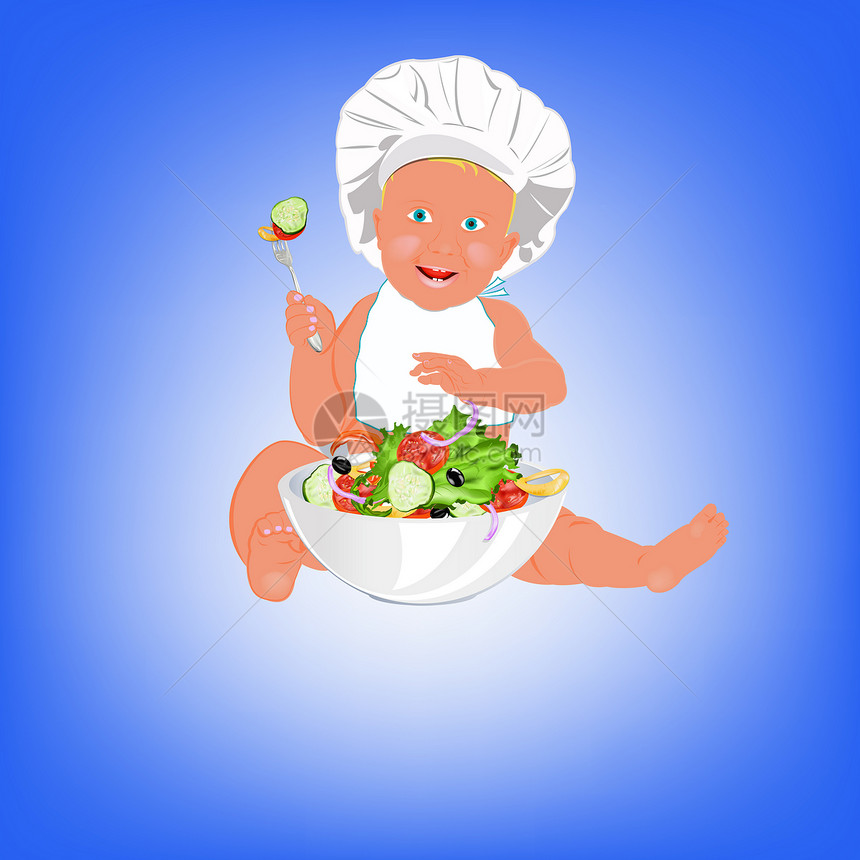 儿童厨师和新鲜蔬菜沙拉插图用具蓝色婴儿营养配件微笑围兜黄瓜孩子图片