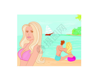 竹筏上情侣在热带海滩上的女孩和情侣设计图片