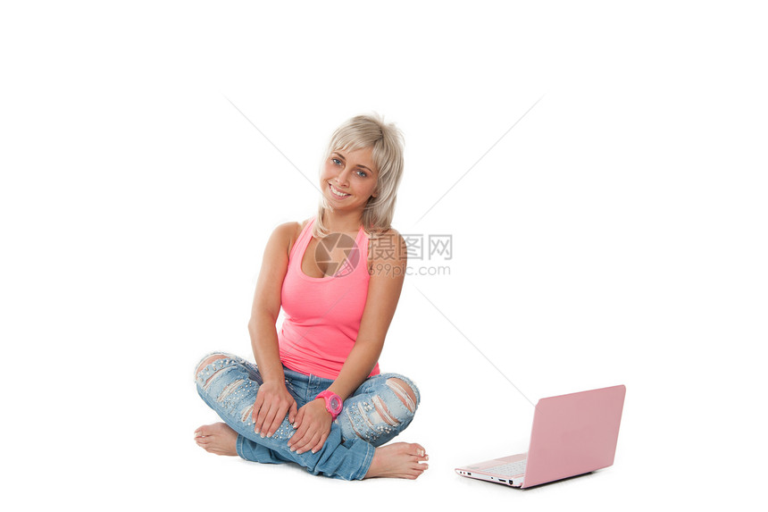 拥有手提笔记本电脑的女孩白色女士快乐成人成年人技术商业互联网粉色幸福图片