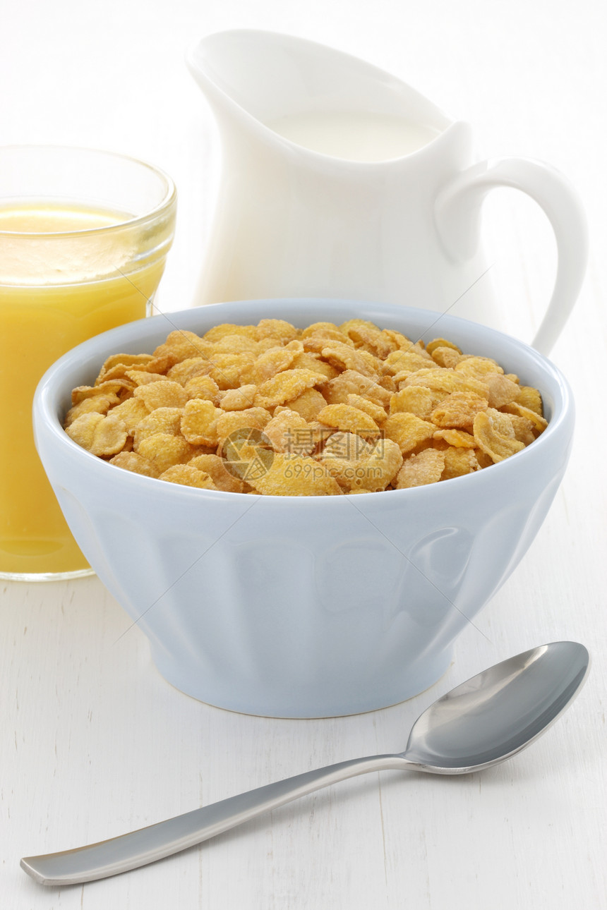 美味的玉米片早餐产品谷物玉米粮食麦片牛奶橙汁食物薄片纤维图片