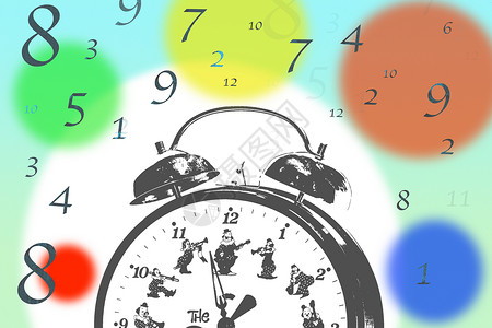 闹钟时钟蓝色小丑插图警报黄色早起红色数字时间背景图片