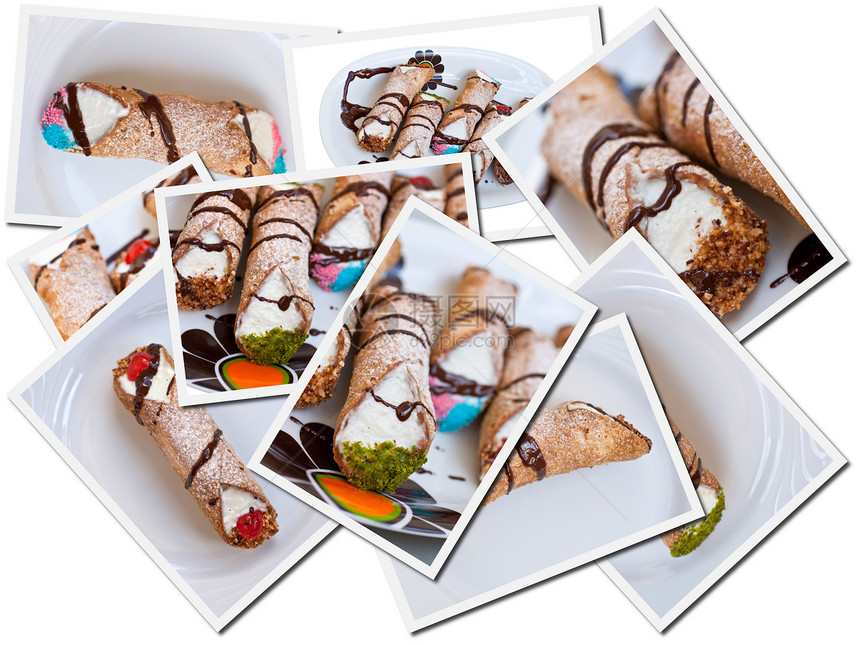坎诺利的明信片甜点马赛克零食拼贴画蛋糕杏仁产品传统装配美食图片
