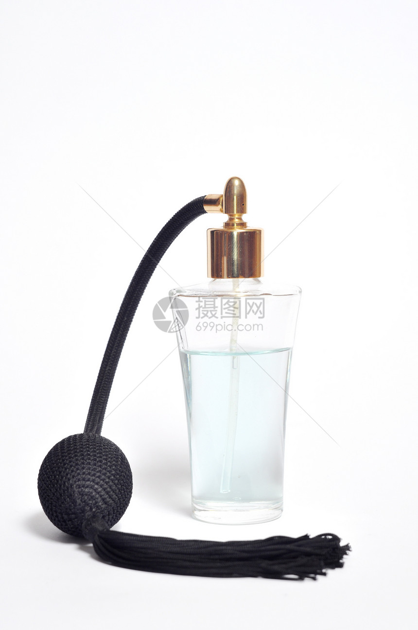 白上孤立的瓶装香水卫生疗法魅力玻璃奢华蓝色液体喷雾器香气女性图片