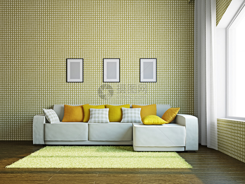 带家具的客厅座位软垫长椅风格生活房间工作室木地板窗户公寓图片