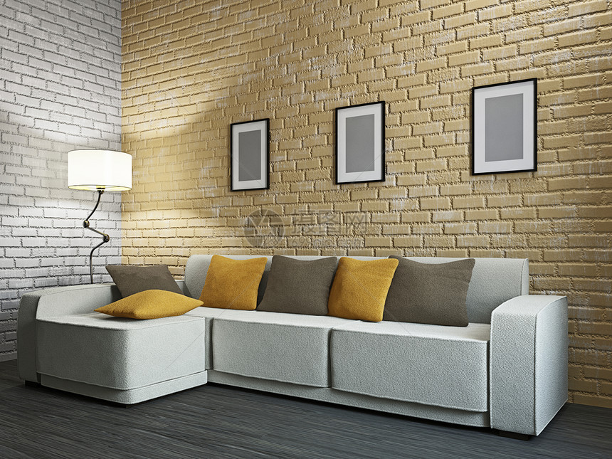 带沙发和一盏灯的客厅房间框架工作室公寓木地板座位长椅长沙发休息室地面图片