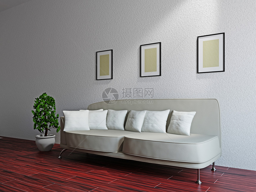 沙发和植物的客厅枕头公寓艺术时尚休息室长椅房间木地板阳光生活图片