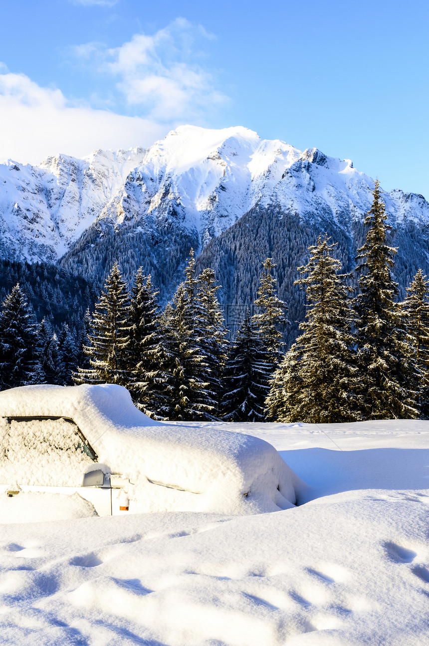 夹在雪中蓝色树木山脉天空旅行冻结森林季节环境天气图片