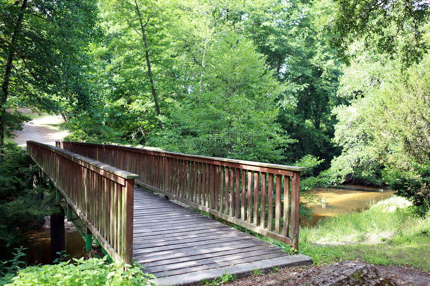 木林桥在溪流上孤独农村微风反射草地假期野餐公园场景国家图片