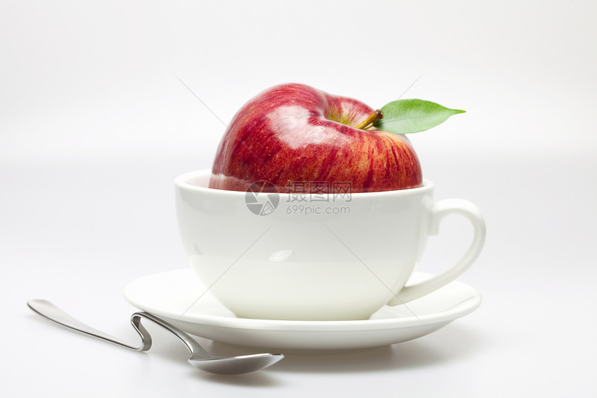 以白的杯子和勺子隔开小路水果飞碟早餐叶子飞溅食物奶奶液体正方形图片