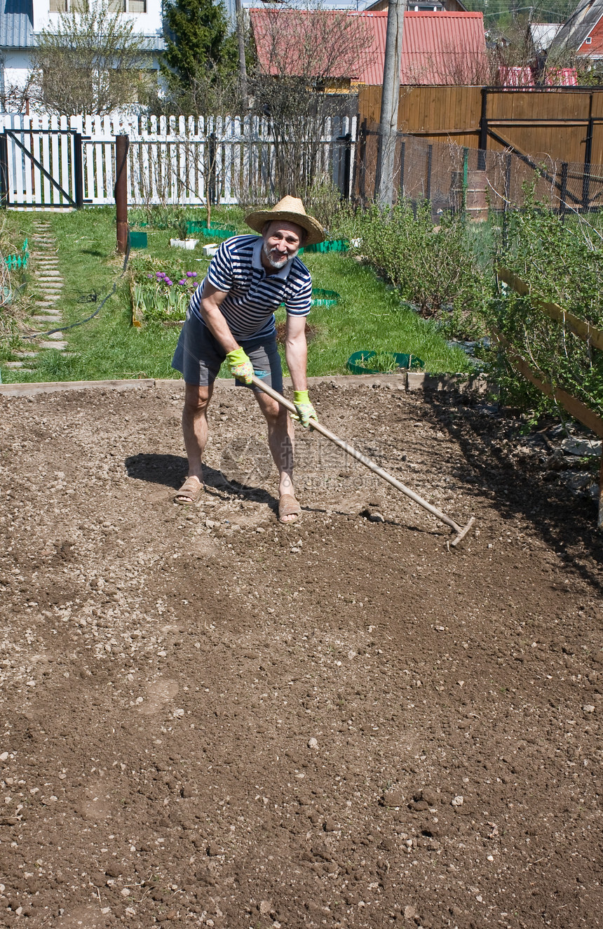 春天在花园里工作土壤工具爱好土地帽子栅栏手套园艺草药房子图片