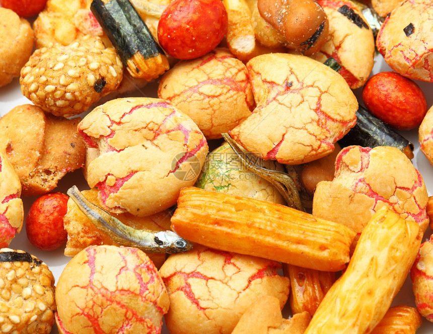 日本传统小点心 米饼干小吃芝麻海苔团体棕色零食水平涂层香料图片