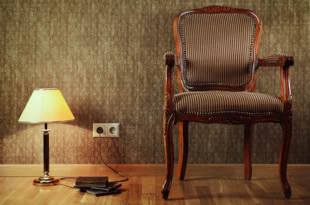 旧轮椅房间台灯灯光扶手椅木头古玩凳子地板房子公寓背景图片
