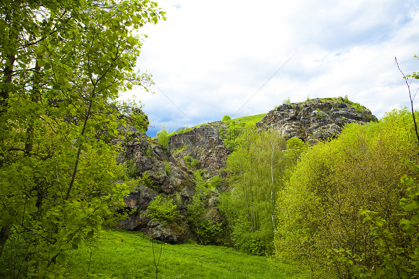 用绿色的岩石对着蓝色的天空和云彩风景环境森林土地旅行树木爬坡苔藓城市叶子图片