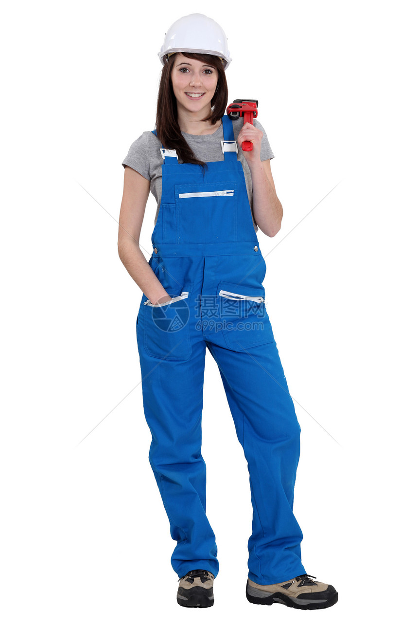 女性水管工工人工具箱安全服防护服女士电工头盔连衣裤自信心职业图片