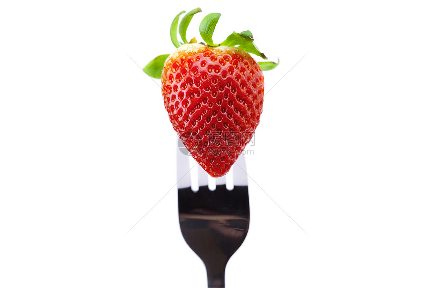 白纸上隔离的叉子上的草莓小吃螺旋海绵香草巧克力糖果蛋糕商品漩涡金属图片