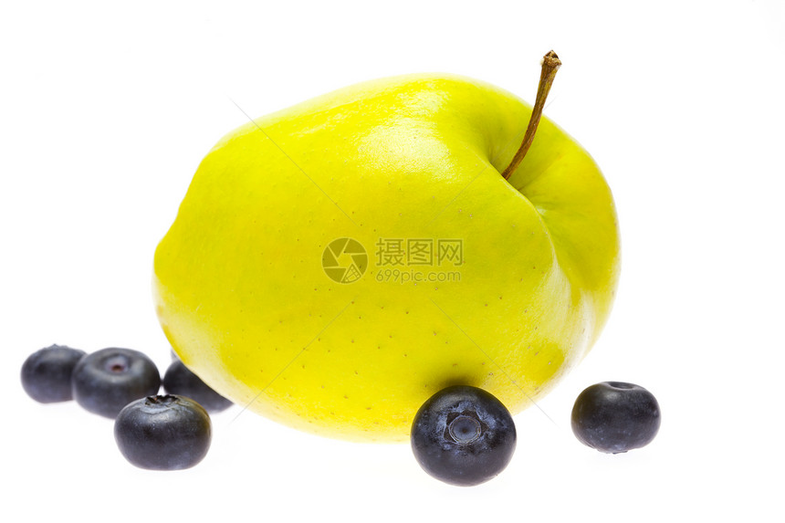绿色苹果和蓝莓 白上隔离食物蓝色框架甜点水果白色团体浆果味道图片