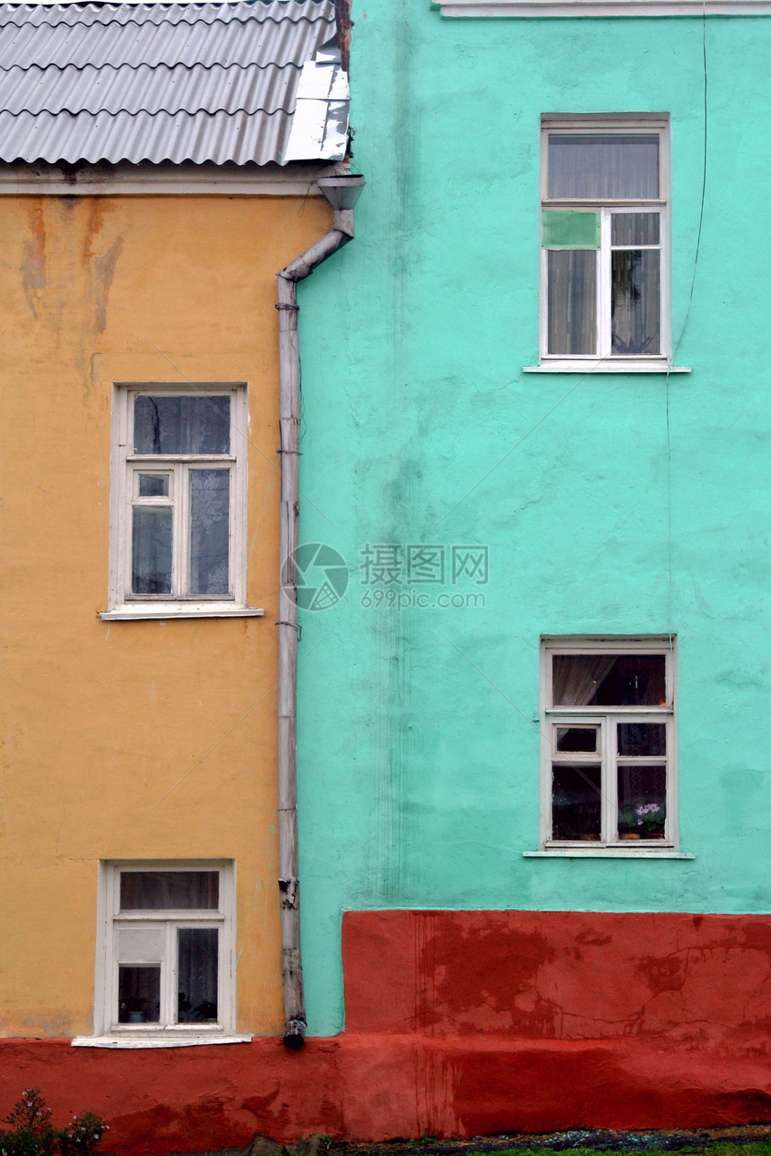 彩色墙壁框架控制板玻璃棕色黄色房子白色建筑窗格绿色图片