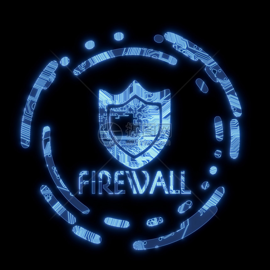 计算机芯片上的闪光蓝色照明弹防火墙符号图片