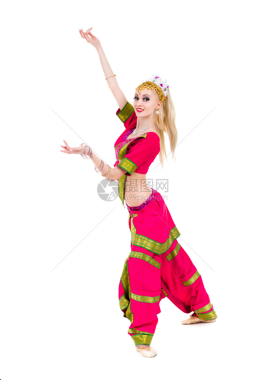 印地安妇女舞蹈全长肖像成人文化腰带腹部戏服裙子舞蹈家白色女孩头发图片