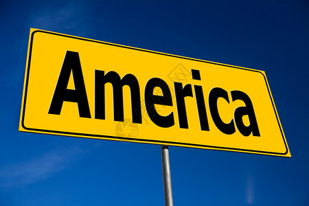 美国标志黄路标志旅游运输路线蓝色框架路牌导航交通指导天空背景