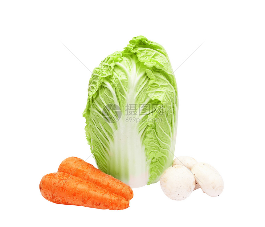 白背景的胡萝卜 蘑菇 卷心菜图片