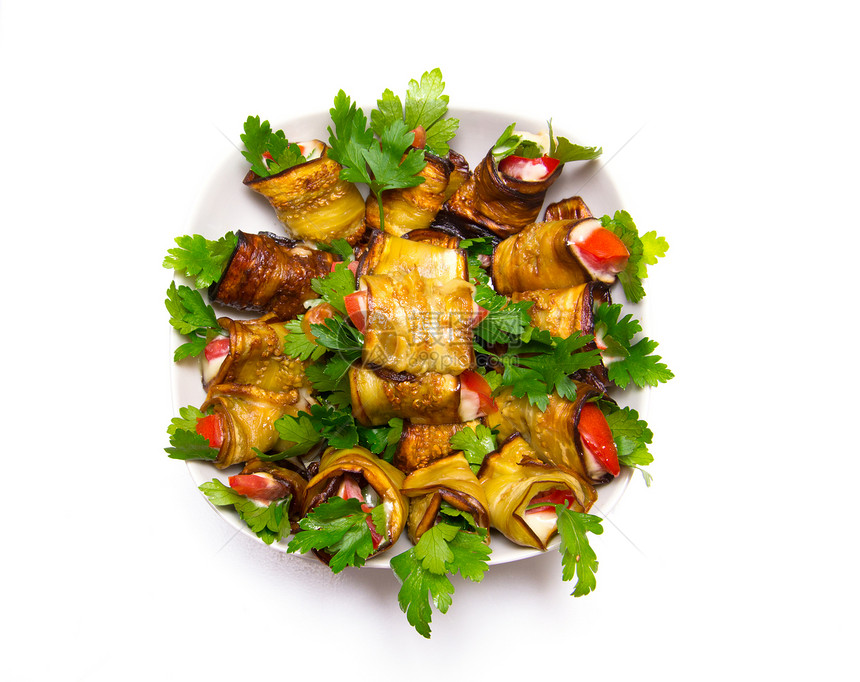 装满红胡椒的黄豆卷小吃选择性草本植物健康饮食盘子起动机红色绿色水平食物图片