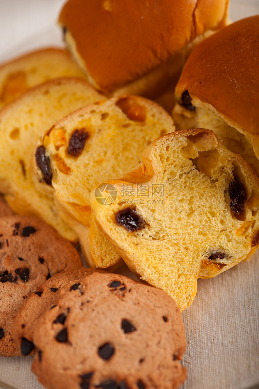 甜食面包和饼干的选择甜点蛋糕面包糕点早餐馅饼脆皮小麦面团营养图片