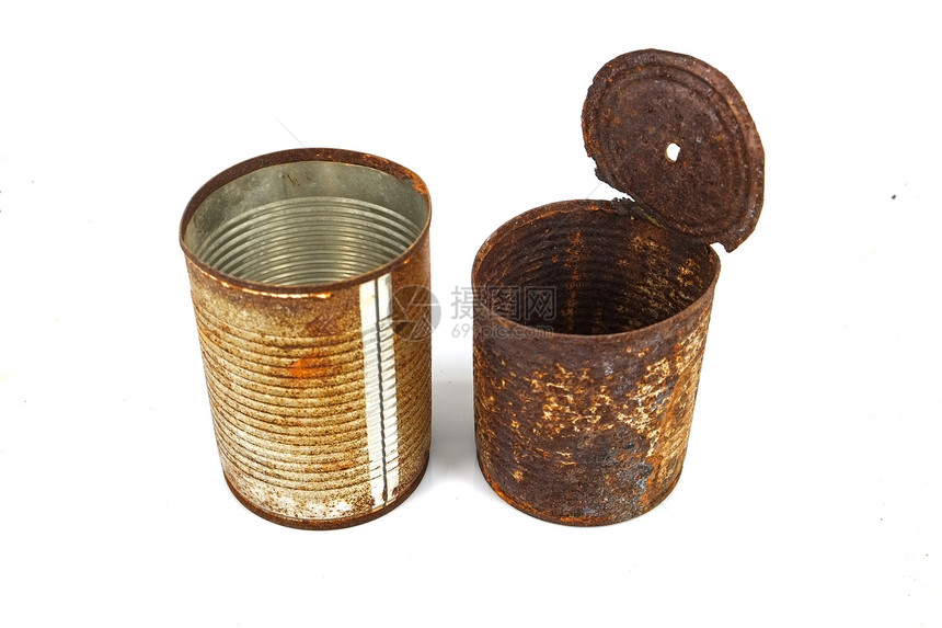 锈铁罐可以隔离在白色上氧化风化金属垃圾碎片图片