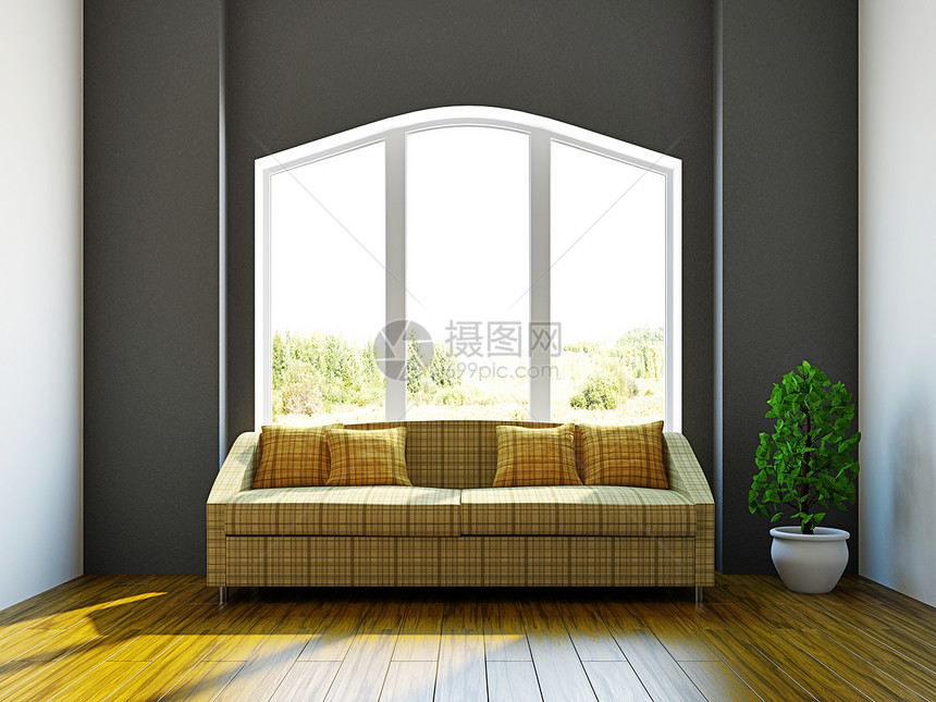 带沙发和植物的房间座位公寓装饰软垫休息室风格工作室窗户阳光长沙发图片
