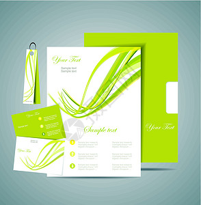 具有绿色背景的企业身份模版矢量器办公室插图商业网络笔记纸卡片磁盘笔记边界信封背景图片