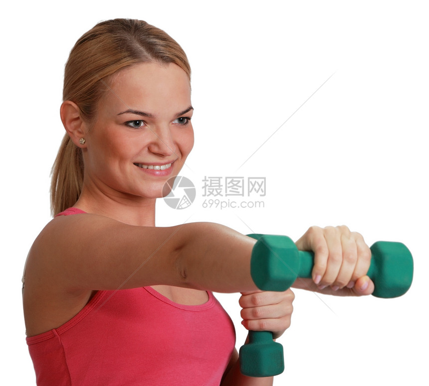 女人有哑铃力量训练微笑举重女性健身房爆头成人杠铃女性化图片