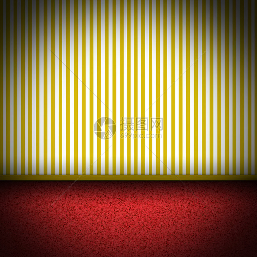 红色地毯地板和黄条纹井纸的红色图示图片