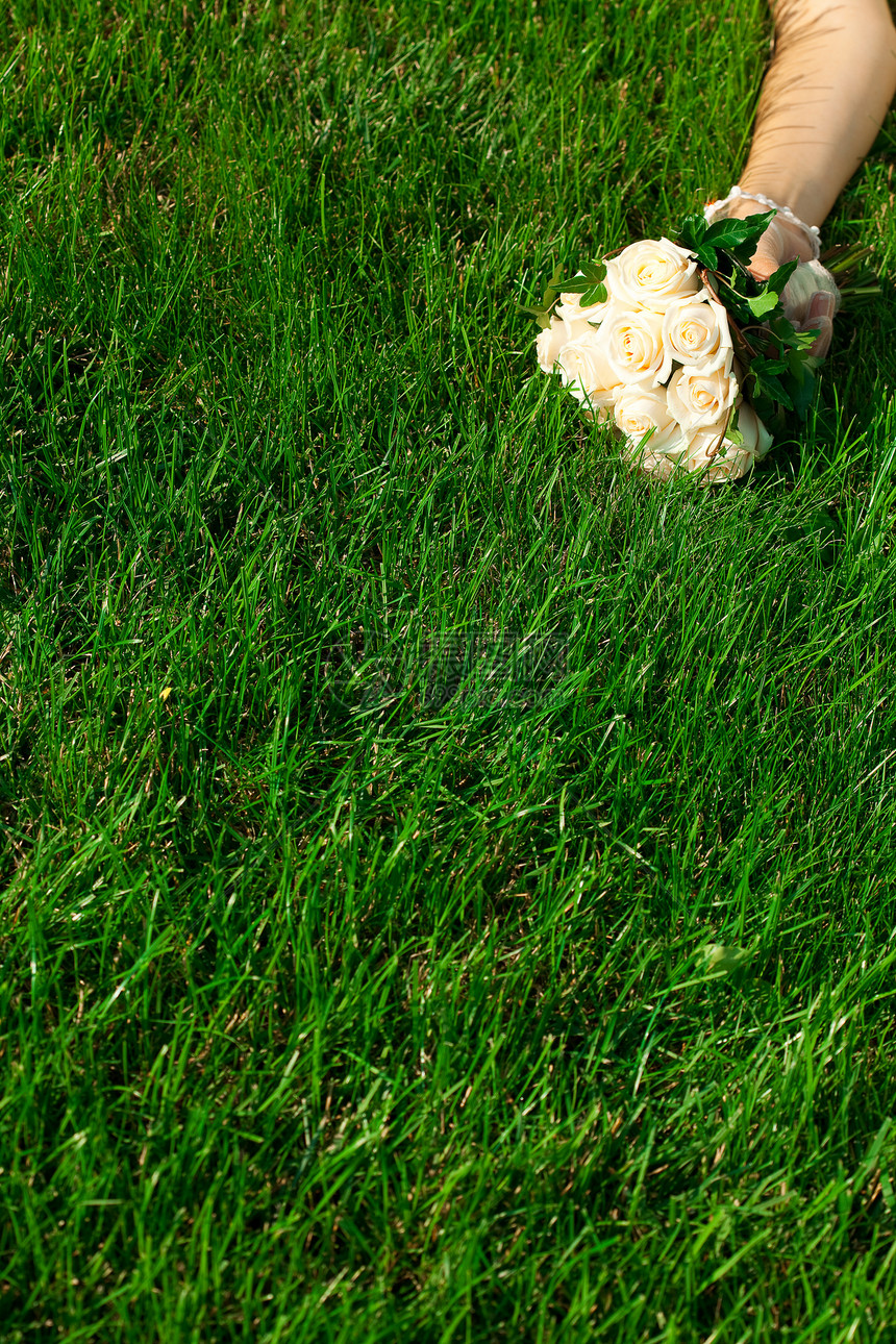 新娘手放在绿草上的新娘的彩礼花束裙子花瓣已婚萼片家庭夫妻女性农业婚礼天空图片