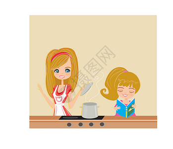 穿围裙母亲女儿帮妈妈煮汤设计图片