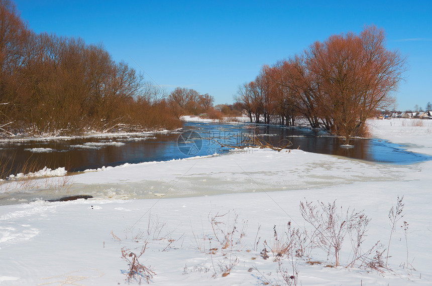 冬季河天气木头衬套大雪季节反射天空树木运动溪流图片