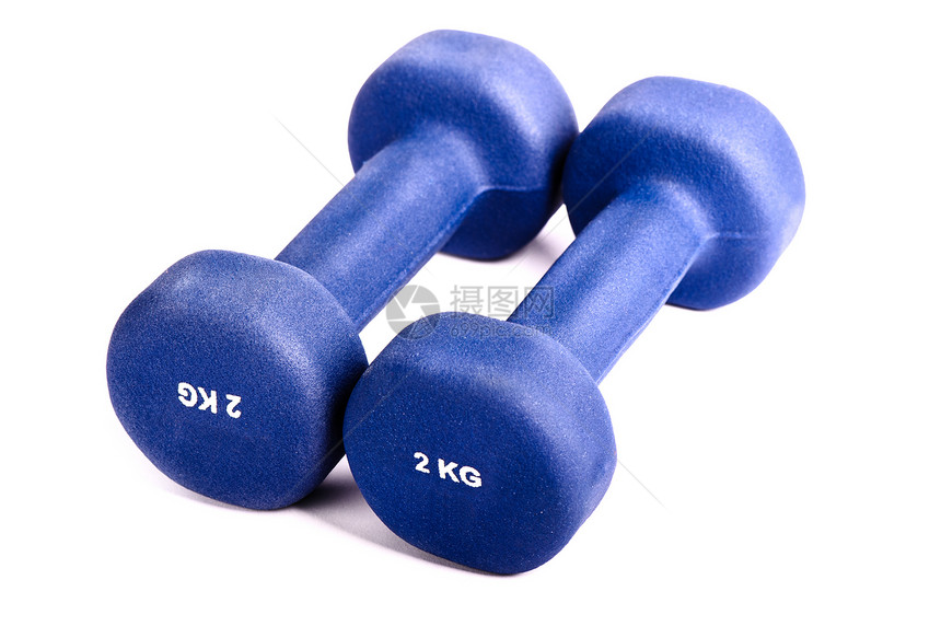 两个蓝色的哑铃锻炼卫生夫妻身体金属杠铃肌肉健身房运动有氧运动图片