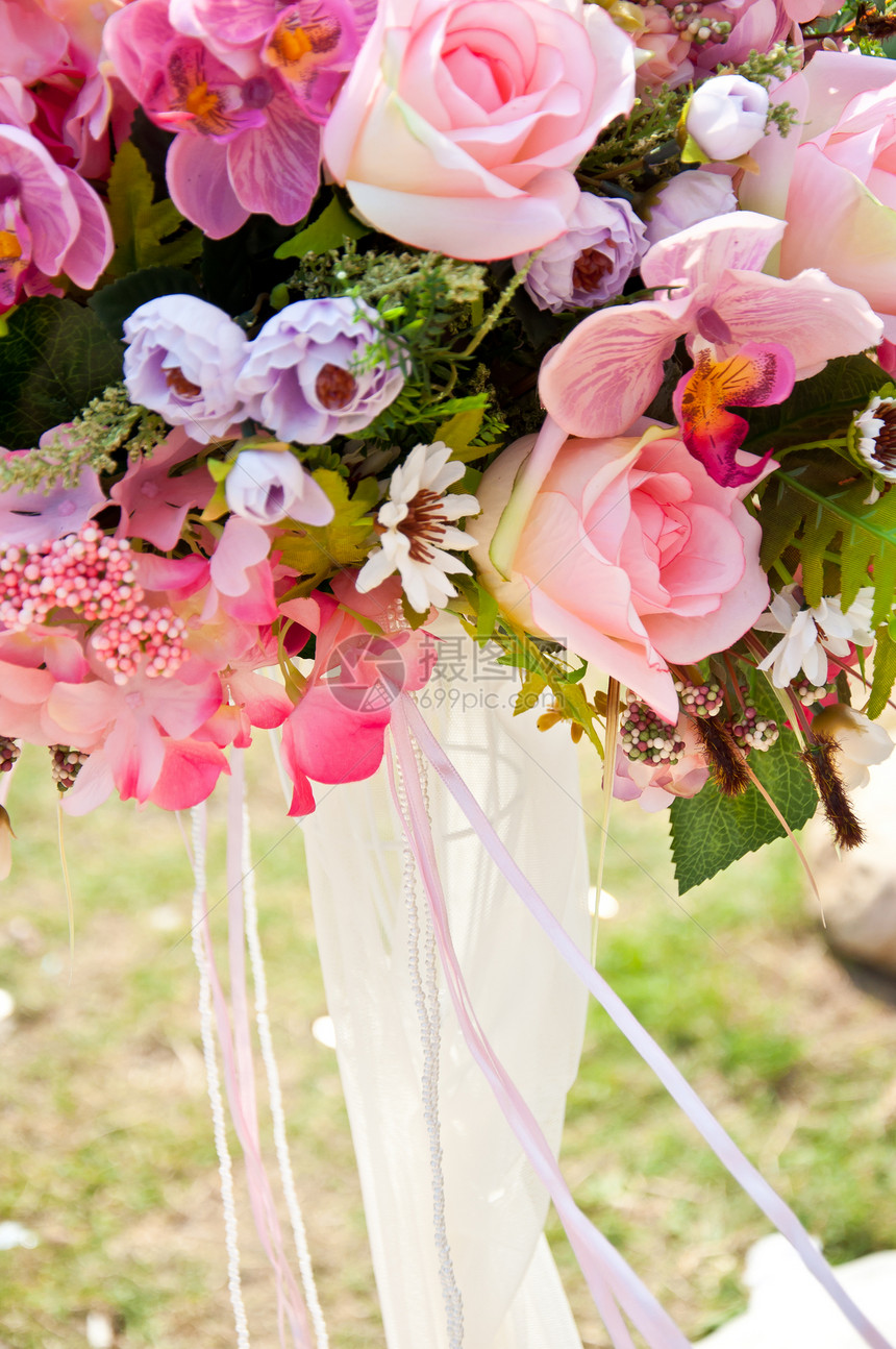 人工花花束粉色植物植物群玫瑰丝绸树叶织物图片