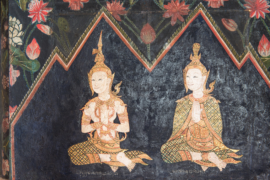 在男女中勾画泰国佛祖神的古迹文化宗教传统金子绘画墙纸上帝寺庙风格精神图片