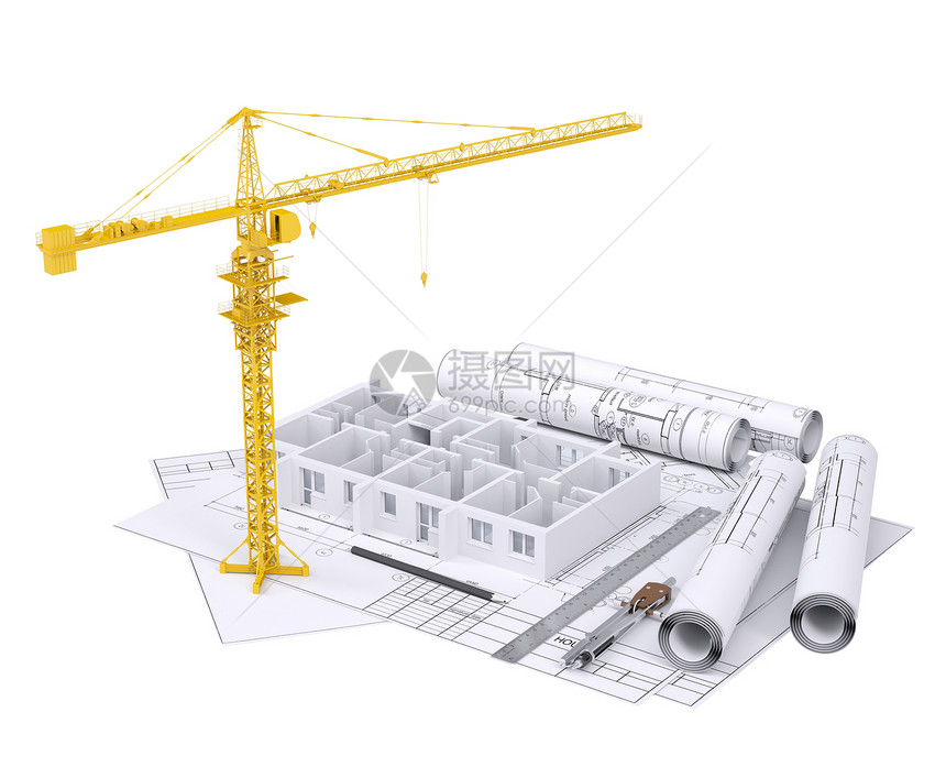 建筑图画上房屋墙壁的建筑图纸工人起重机住宅地面学校运输工程师房子自由设计师图片