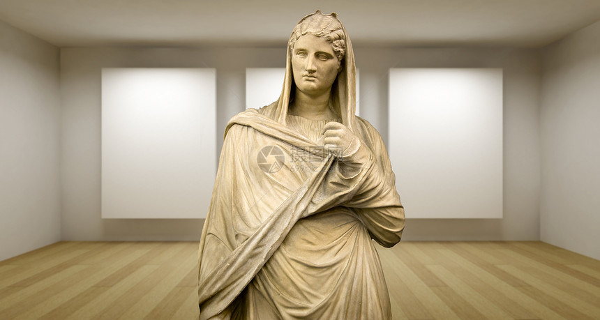女士 空的画廊 三间房间 有希腊文化 古代雕像图片