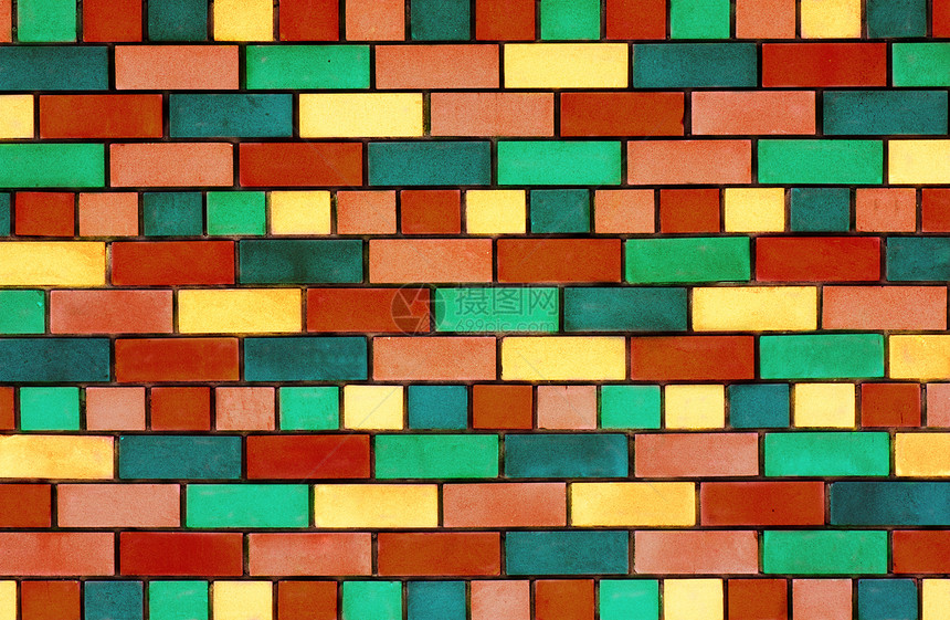 色彩多彩的砖墙建筑学红色黄色团体长方形水平房子水泥框架绿色图片