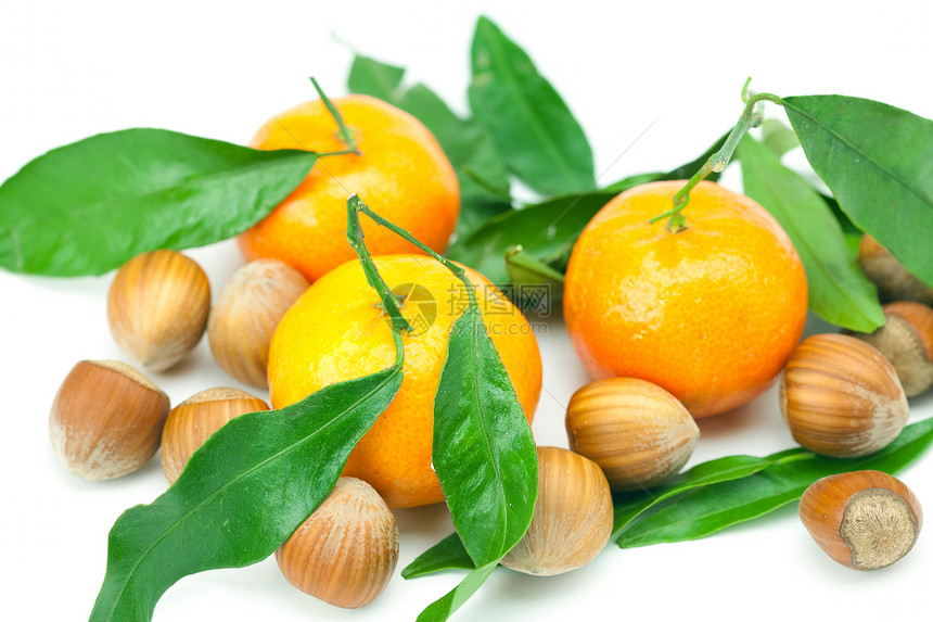 有绿色叶子和坚果的普通人达林语团体热带水果圆圈宏观甜点食物榛子橙子图片