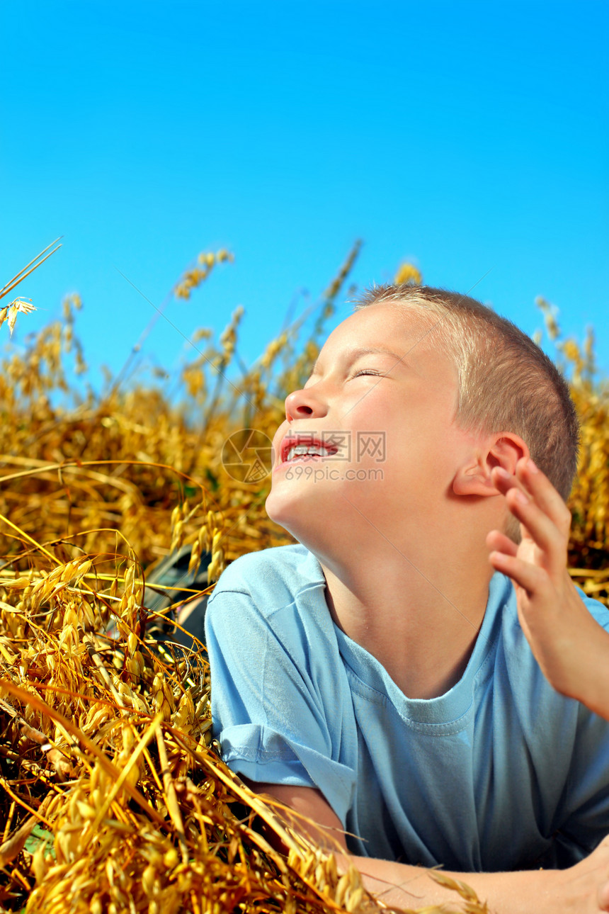 男孩在战场上童年天空幸福青少年孩子草地场地阳光收成小伙子图片