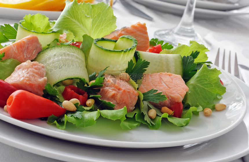 三文鱼沙拉餐厅饮食沙拉黄瓜午餐维生素蔬菜倾向餐饮辣椒图片