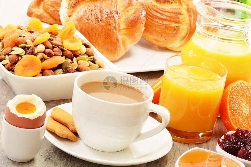 早餐 包括咖啡 面包 蜂蜜 橙汁 梅斯利a桌子玻璃种子粮食厨房饮食盘子香蕉餐厅坚果图片