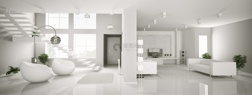 白色公寓室内全景3d建筑学扶手椅扬声器楼梯长椅窗户家具合金入口植物图片