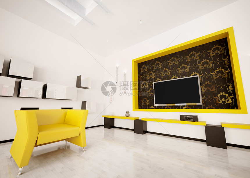现代3d号客厅室内桌子房间电视墙纸木头黑色木地板白色家具黄色图片